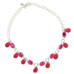 Silver-Tone & Pink Colored Metal Charm-Anklet With Bead Accents #4091
