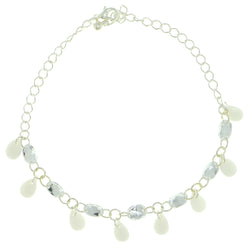 Silver-Tone & White Colored Metal Charm-Anklet With Bead Accents #4091