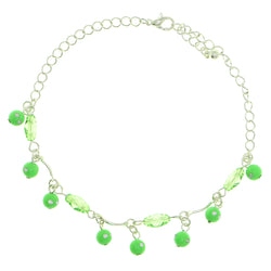 Silver-Tone & Green Colored Metal Charm-Anklet With Bead Accents #4106
