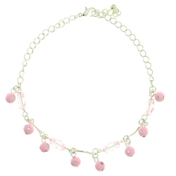 Silver-Tone & Pink Colored Metal Charm-Anklet With Bead Accents #4106