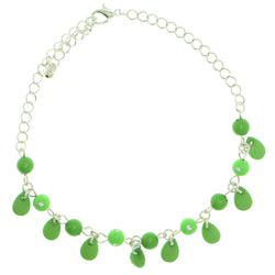 Silver-Tone & Green Colored Metal Charm-Anklet With Bead Accents #4105