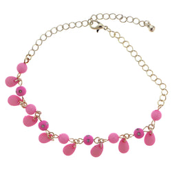 Silver-Tone & Pink Colored Metal Charm-Anklet With Bead Accents #4105