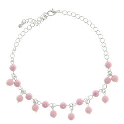 Silver-Tone & Pink Colored Metal Charm-Anklet With Bead Accents #4076