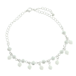 Silver-Tone & White Colored Metal Charm-Anklet With Bead Accents #4076