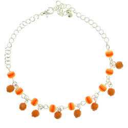 Silver-Tone & Orange Colored Metal Charm-Anklet With Bead Accents #4089