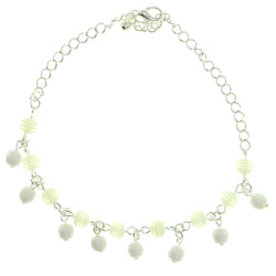 Silver-Tone & White Colored Metal Charm-Anklet With Bead Accents #4089