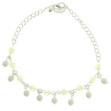 Silver-Tone & White Colored Metal Charm-Anklet With Bead Accents #4089