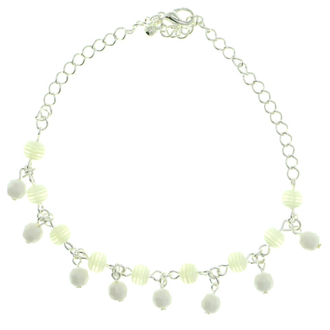 Silver-Tone & White Colored Metal Charm-Anklet With Bead Accents #4089