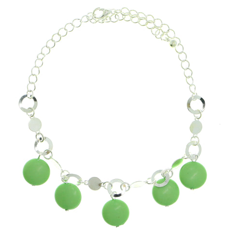 Silver-Tone & Green Colored Metal Charm-Anklet With Bead Accents #4109