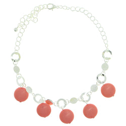 Silver-Tone & Pink Colored Metal Charm-Anklet With Bead Accents #4109
