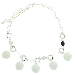 Silver-Tone & White Colored Metal Charm-Anklet With Bead Accents #4109