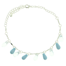 Silver-Tone & Blue Colored Metal Charm-Anklet With Bead Accents #4097