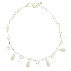 Silver-Tone & White Colored Metal Charm-Anklet With Bead Accents #4097
