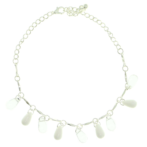 Silver-Tone & White Colored Metal Charm-Anklet With Bead Accents #4097