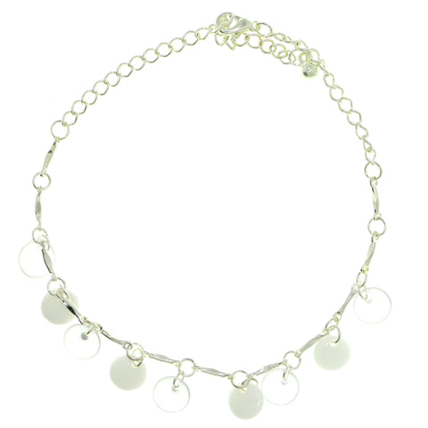 Silver-Tone & White Colored Metal Charm-Anklet With Bead Accents #4102