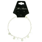 Silver-Tone & White Colored Metal Charm-Anklet With Bead Accents #4102
