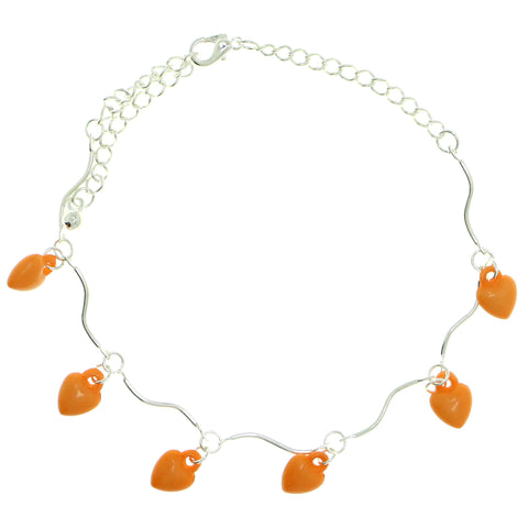 Heart Charm-Anklet With Bead Accents Silver-Tone & Orange Colored #4104