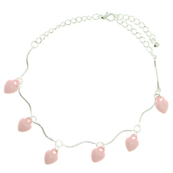 Heart Charm-Anklet With Bead Accents Silver-Tone & Pink Colored #4104