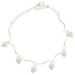 Heart Charm-Anklet With Bead Accents Silver-Tone & White Colored #4104