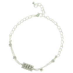 Silver-Tone Metal Chain-Anklet With Crystal Accents #4071