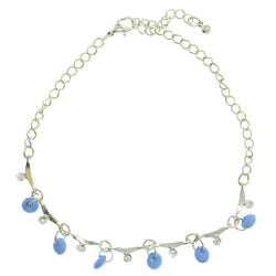 Silver-Tone & Blue Colored Metal Charm-Anklet With Bead Accents #4092