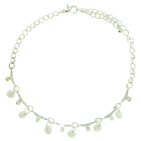 Silver-Tone & White Colored Metal Charm-Anklet With Bead Accents #4092