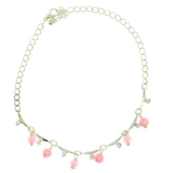 Silver-Tone & Pink Colored Metal Charm-Anklet With Bead Accents #4107