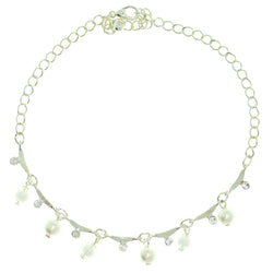 Silver-Tone & White Colored Metal Charm-Anklet With Bead Accents #4107