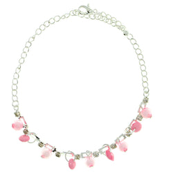 Silver-Tone & Pink Colored Metal Charm-Anklet With Crystal Accents #4065