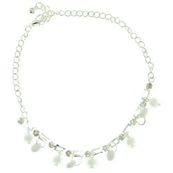 Silver-Tone & White Colored Metal Charm-Anklet With Crystal Accents #4065