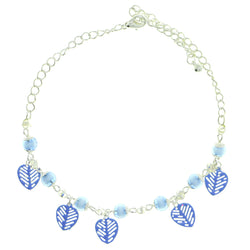 Silver-Tone & Blue Colored Metal Charm-Anklet With Bead Accents #4094