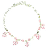 Silver-Tone & Pink Colored Metal Charm-Anklet With Bead Accents #4094