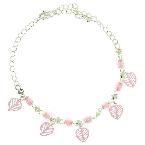 Silver-Tone & Pink Colored Metal Charm-Anklet With Bead Accents #4094