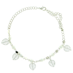 Silver-Tone & White Colored Metal Charm-Anklet With Bead Accents #4094