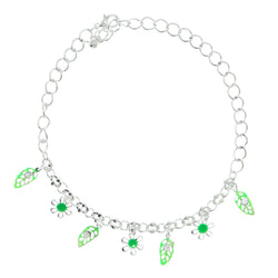 flower Leaf Charm-Anklet With Crystal Accents Silver-Tone & Green Colored #4087