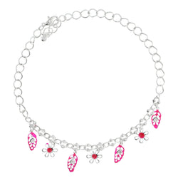flower Leaf Charm-Anklet With Crystal Accents Silver-Tone & Pink Colored #4087