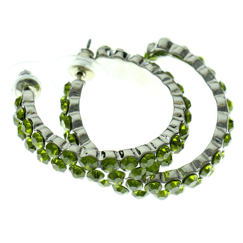 Silver-Tone & Green Colored Metal Crystal-Hoop-Earrings With Crystal Accents #321