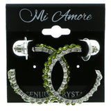 Silver-Tone & Green Colored Metal Crystal-Hoop-Earrings With Crystal Accents #321