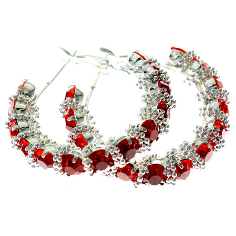 Silver-Tone & Red Colored Metal Crystal-Hoop-Earrings With Crystal Accents #413