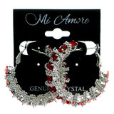 Silver-Tone & Red Colored Metal Crystal-Hoop-Earrings With Crystal Accents #413