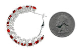 Silver-Tone & Red Colored Metal Crystal-Hoop-Earrings With Crystal Accents #413