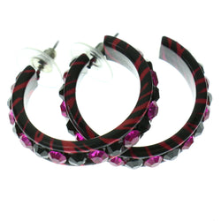 Pink & Black Colored Metal Crystal-Hoop-Earrings With Crystal Accents #416