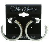 Silver-Tone & Brown Colored Metal Crystal-Hoop-Earrings With Crystal Accents #420