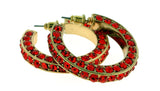 Gold-Tone & Red Colored Metal Crystal-Hoop-Earrings With Crystal Accents #432