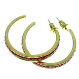 Gold-Tone & Red Colored Metal Crystal-Hoop-Earrings With Crystal Accents #433