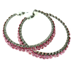 Silver-Tone & Pink Colored Metal Hoop-Earrings With Crystal Accents #439