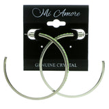 Silver-Tone & Green Colored Metal Crystal-Hoop-Earrings With Crystal Accents #441