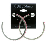 Silver-Tone & Pink Colored Metal Crystal-Hoop-Earrings With Crystal Accents #442