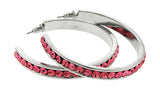 Silver-Tone & Pink Colored Metal Crystal-Hoop-Earrings With Crystal Accents #442