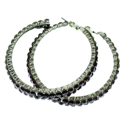 Silver-Tone & Purple Colored Metal Crystal-Hoop-Earrings With Crystal Accents #452